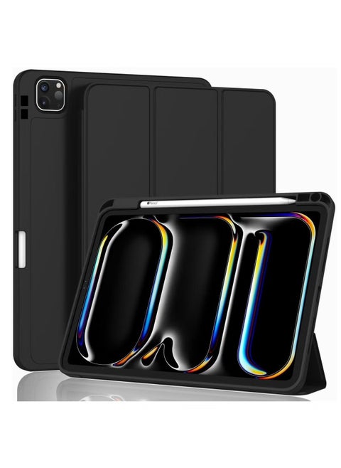 Case for iPad Pro 13-Inch M4 (2024) Built-in Pencil Holder Flexible Back Cover, Trifold Stand, Auto Sleep Wake Rebound Series Black