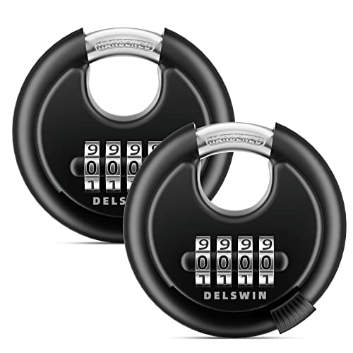 DELSWIN 4-Digit Disc Combination Lock Outdoor - Heavy Duty Combination Padlocks with Hardened Steel Shackle Weatherproof Combo Locks for Gates,Sheds,Fence,Storage Unit (3/8" Shackle, Black,2 Pcs) - Image 1