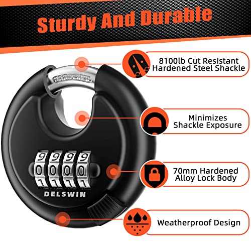 DELSWIN 4-Digit Disc Combination Lock Outdoor - Heavy Duty Combination Padlocks with Hardened Steel Shackle Weatherproof Combo Locks for Gates,Sheds,Fence,Storage Unit (3/8" Shackle, Black,2 Pcs) - Image 2