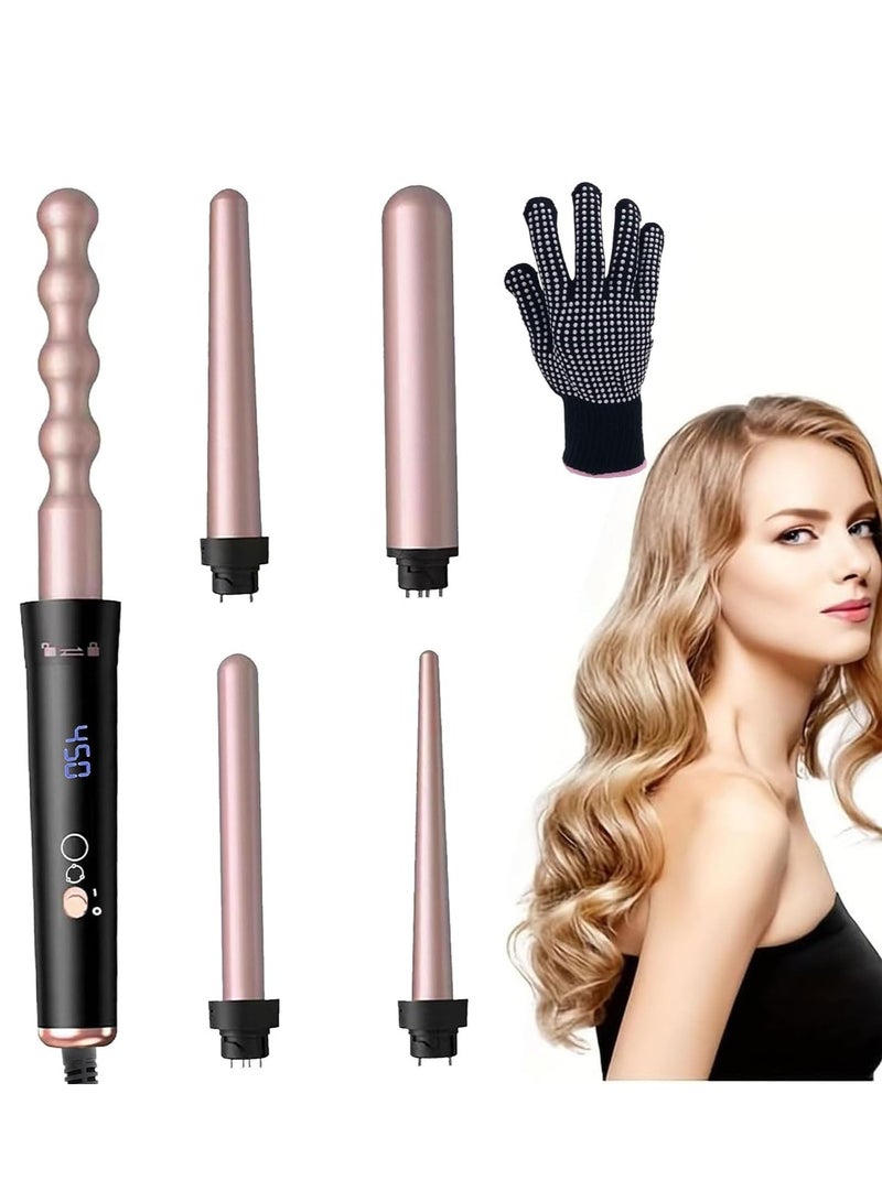 SYOSI 5-in-1 Curling Iron Set, Interchangeable Curling Wand with LCD Digital Display, Dual Voltage Hair Crimper Iron with 4 Temperature Controls, Includes Glove & 2 Clips, Perfect for All Hair Types - Image 1