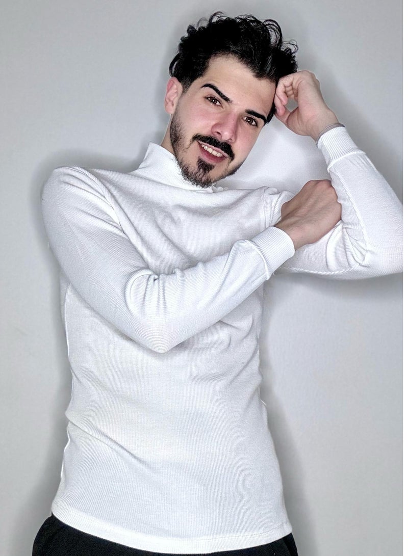 Men Fashion Solid Colour Long Sleeve Turtleneck Sweater Slim Fit Knitted Pullover White  - Image 1