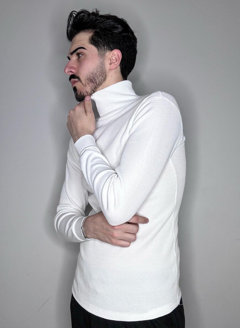 Men Fashion Solid Colour Long Sleeve Turtleneck Sweater Slim Fit Knitted Pullover White  - Image 2