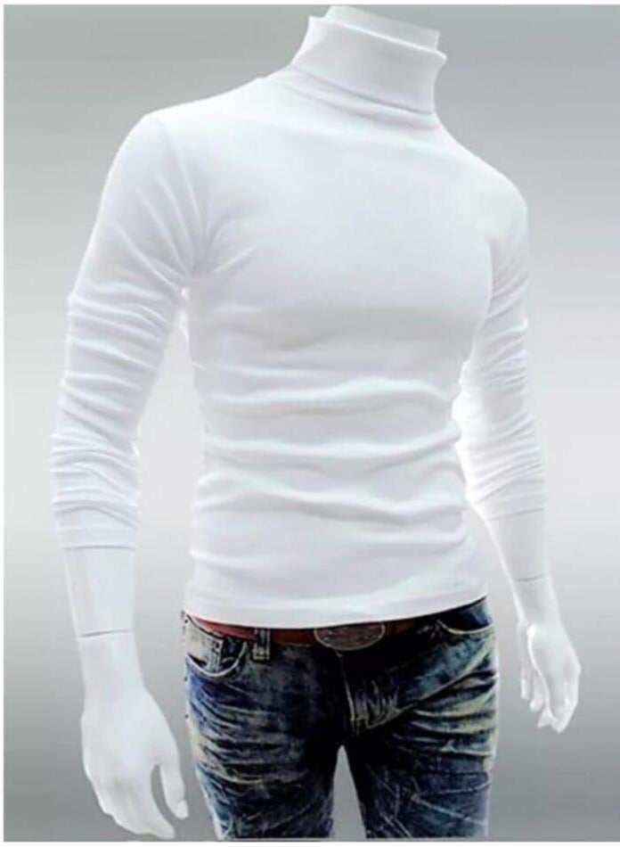 Men Fashion Solid Colour Long Sleeve Turtleneck Sweater Slim Fit Knitted Pullover White  - Image 3