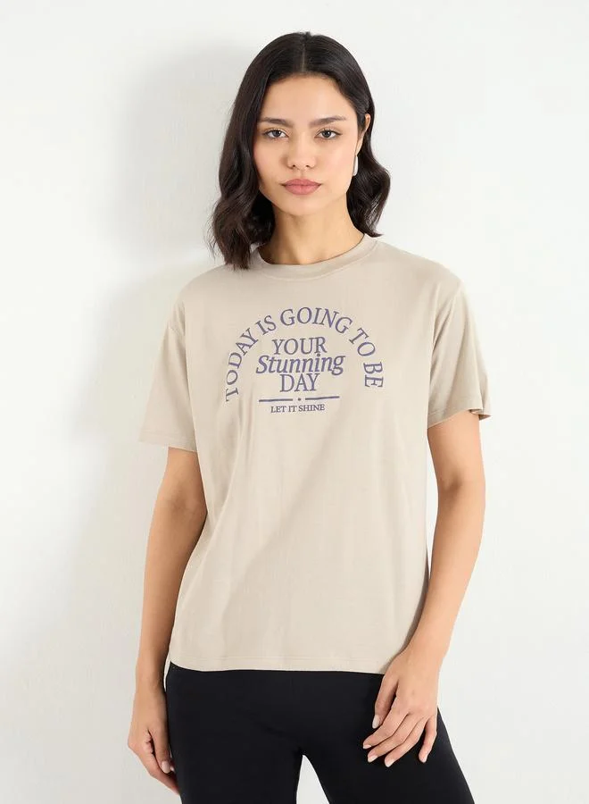 Styli Slogan Print Regular Fit 100% Cotton T-Shirt