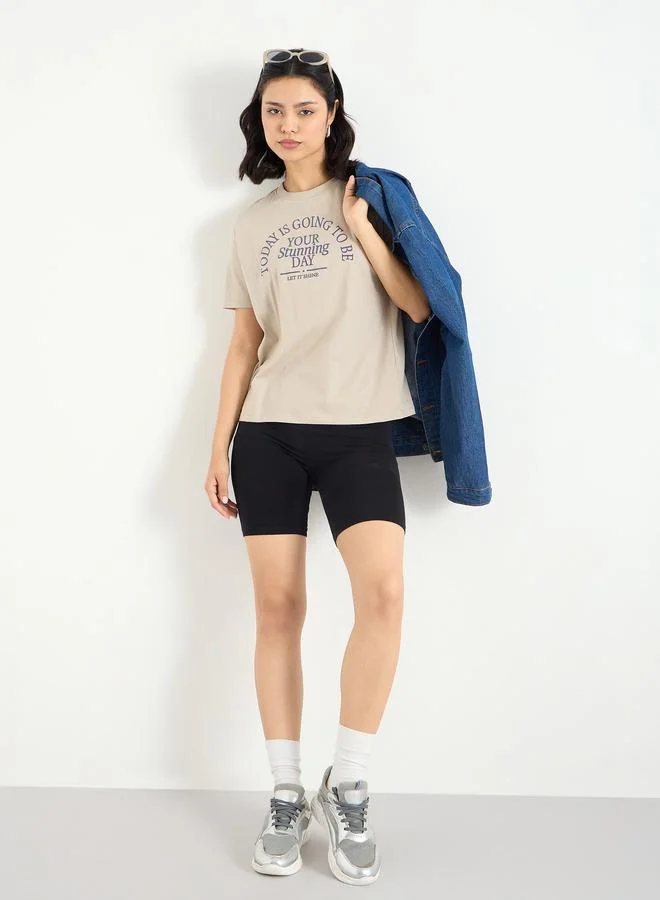 Styli Slogan Print Regular Fit 100% Cotton T-Shirt