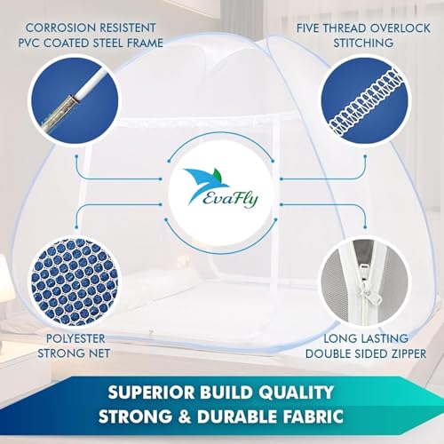 Evafly Mosquito Net for Double Bed with 360° Full Coverage with Bottom Base Fabric | King Size Foldable Machardani | Polyester 30GSM Strong Net | PVC Coated Corrosion Resistant Steel Wire - Blue - Image 4