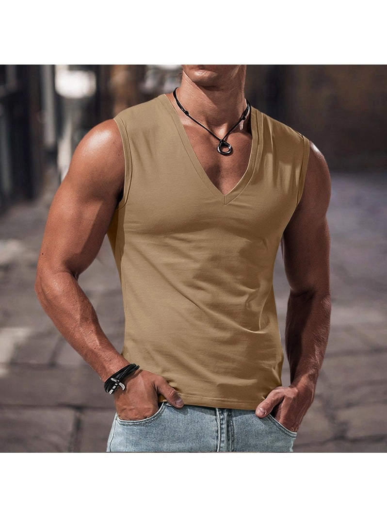 KUYING Summer Men's Solid Color Large V-neck Lloose Casual Sports Vest