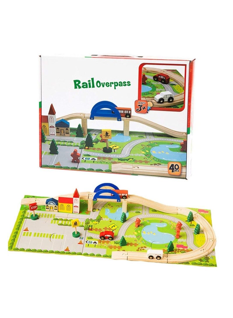 Wooden Rail Overpass Train Track Set 40 Pieces Traffic Scene Toy Playset  - Image 1