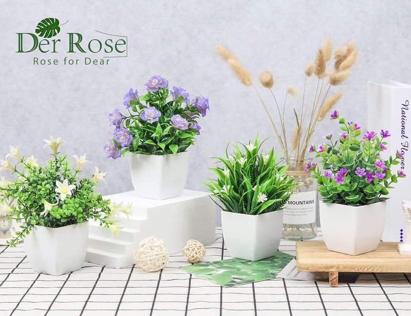 Der Rose 4 عبوات من النباتات الاصطناعية الصغيرة مع زهور لتزيين الربيع للمنزل وغرفة المعيشة والمكتب والحمام - Image 3