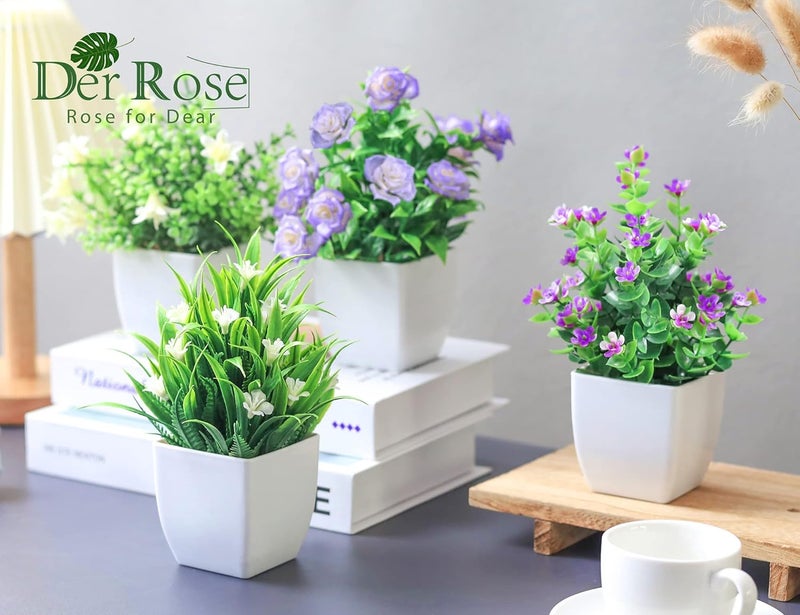 Der Rose 4 عبوات من النباتات الاصطناعية الصغيرة مع زهور لتزيين الربيع للمنزل وغرفة المعيشة والمكتب والحمام - Image 4