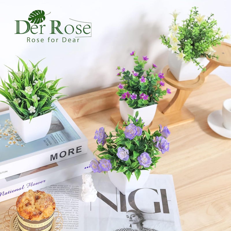 Der Rose 4 عبوات من النباتات الاصطناعية الصغيرة مع زهور لتزيين الربيع للمنزل وغرفة المعيشة والمكتب والحمام - Image 5