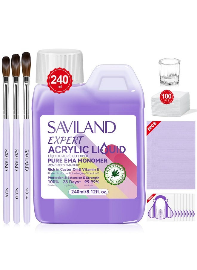 Saviland Saviland 8OZ EMA Acrylic Liquid Monomer: Pure EMA Odorless Liquid Monomer Professional Nail Monomer Liquid Kit for Acrylic Powder with Acrylic Brush Dappen Dish Nail Table Mat Nail Tech Salon  - Image 1