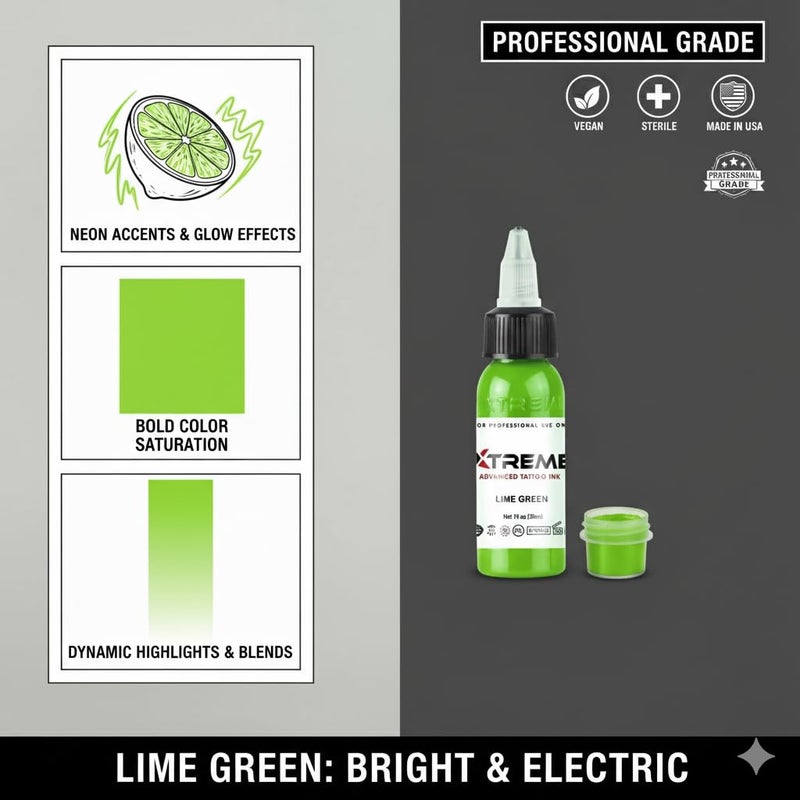 Lime Green Xtreme Tattoo Ink – 1oz (30ml) | Professional Tattoo Pigment for Outlining, Shading & Blending | Bright Neon Green | Vegan, Acrylic-Free, Sterile & Skin-Safe