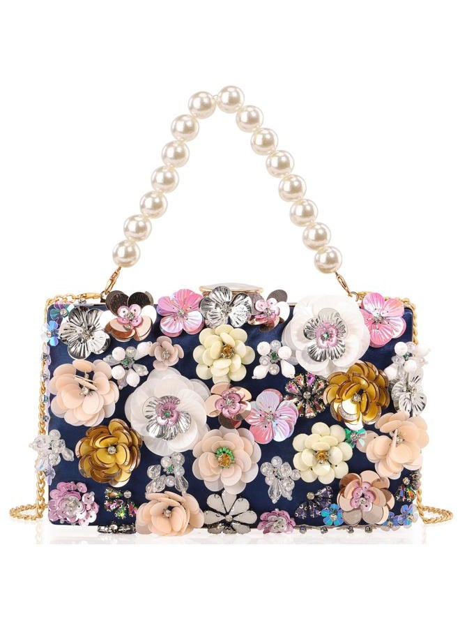 DEXMAY DM DEXMAY Women's Elegant Floral Beaded Evening Clutch Purse with 2 Detachable Straps,3D Flowers Handbag for Wedding,Party,Prom, Satin-navy Blue, Medium - Image 1