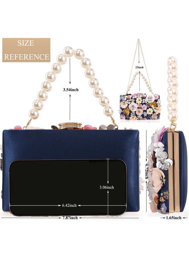 DEXMAY DM DEXMAY Women's Elegant Floral Beaded Evening Clutch Purse with 2 Detachable Straps,3D Flowers Handbag for Wedding,Party,Prom, Satin-navy Blue, Medium - Image 4