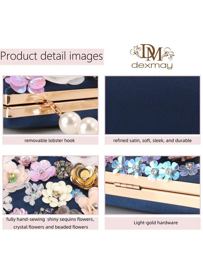 DEXMAY DM DEXMAY Women's Elegant Floral Beaded Evening Clutch Purse with 2 Detachable Straps,3D Flowers Handbag for Wedding,Party,Prom, Satin-navy Blue, Medium - Image 5