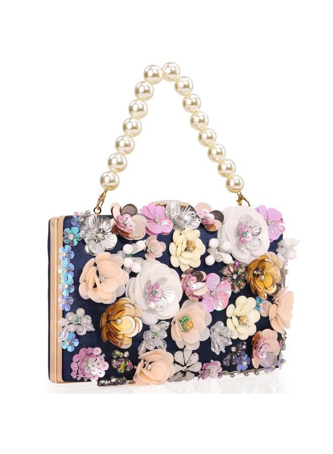 DEXMAY DM DEXMAY Women's Elegant Floral Beaded Evening Clutch Purse with 2 Detachable Straps,3D Flowers Handbag for Wedding,Party,Prom, Satin-navy Blue, Medium - Image 3