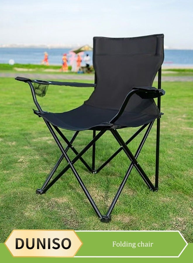 DUNISO Portable Folding Beach Chair，Multi Purpose Camping Chair For Adult，Outdoor Fishing Chair，With Armrests, Cup Mesh Bag And Handbag, Capable Of Bearing 120 Kilograms, 50 * 50 * 80cm,Black - Image 1