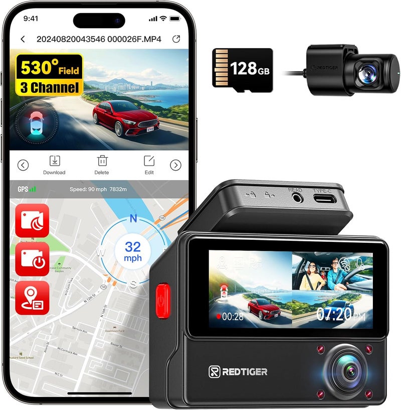 VP20 530° 3 Channel Dash Cam Front Rear and Inside, 2.5K+2.5K+1080P Car Camera, Built-in WiFi GPS, IR Night View, 3.18" Touchscreen, Parking Mode, 128GB Card Included, Up to 512GB Supported