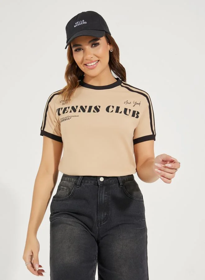 Styli Regular Fit Tennis Club Slogan T-Shirt with Taping Detail