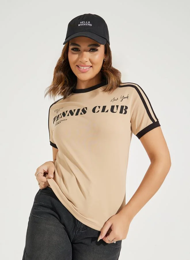 Styli Regular Fit Tennis Club Slogan T-Shirt with Taping Detail