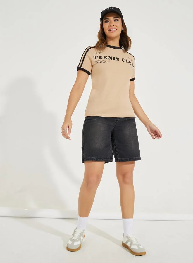 Styli Regular Fit Tennis Club Slogan T-Shirt with Taping Detail