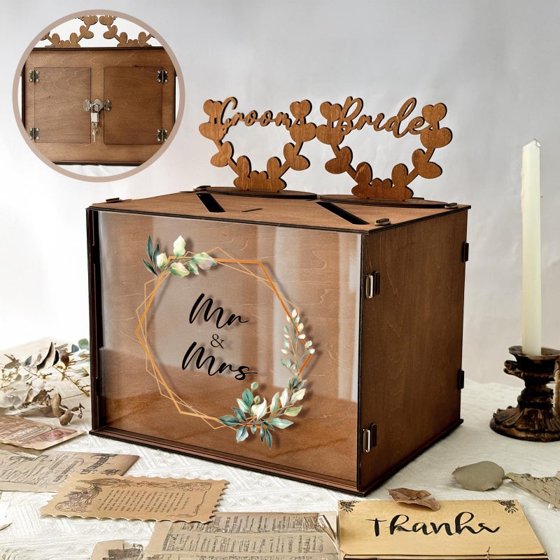 OurWarm Brown Wedding Card Box for Reception with Dual Slots, Vintage Large Wooden Box with Lock and Divider, Rustic Envelope Gift Card Box for Wedding Reception Table Decorations Bridal Shower - Image 1