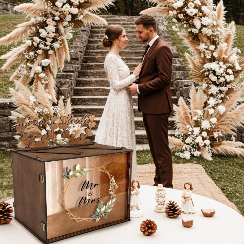 OurWarm Brown Wedding Card Box for Reception with Dual Slots, Vintage Large Wooden Box with Lock and Divider, Rustic Envelope Gift Card Box for Wedding Reception Table Decorations Bridal Shower - Image 5