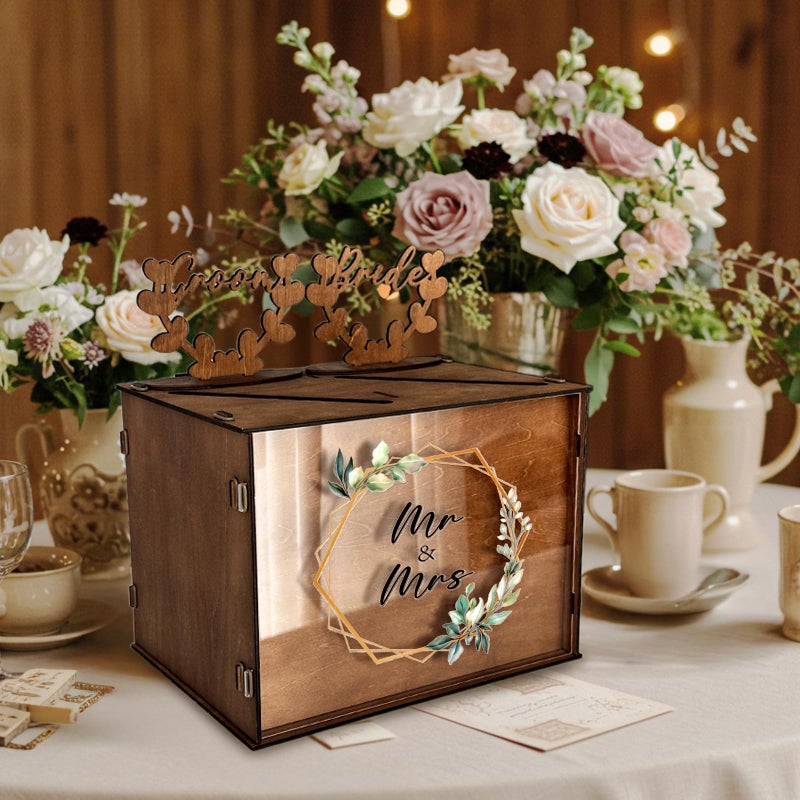 OurWarm Brown Wedding Card Box for Reception with Dual Slots, Vintage Large Wooden Box with Lock and Divider, Rustic Envelope Gift Card Box for Wedding Reception Table Decorations Bridal Shower - Image 3