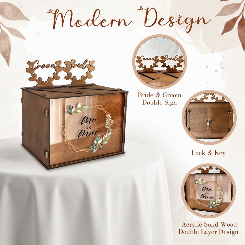 OurWarm Brown Wedding Card Box for Reception with Dual Slots, Vintage Large Wooden Box with Lock and Divider, Rustic Envelope Gift Card Box for Wedding Reception Table Decorations Bridal Shower - Image 4
