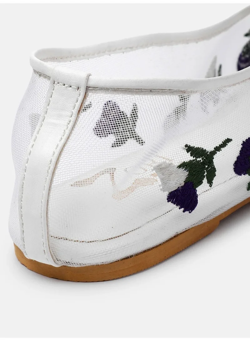 Zoriworld  Flora White Sheer Mesh Floral Embroidered Ballet Flats For Ethnic, Fusion, Or Modern Outfits for Women | Best Price UAE