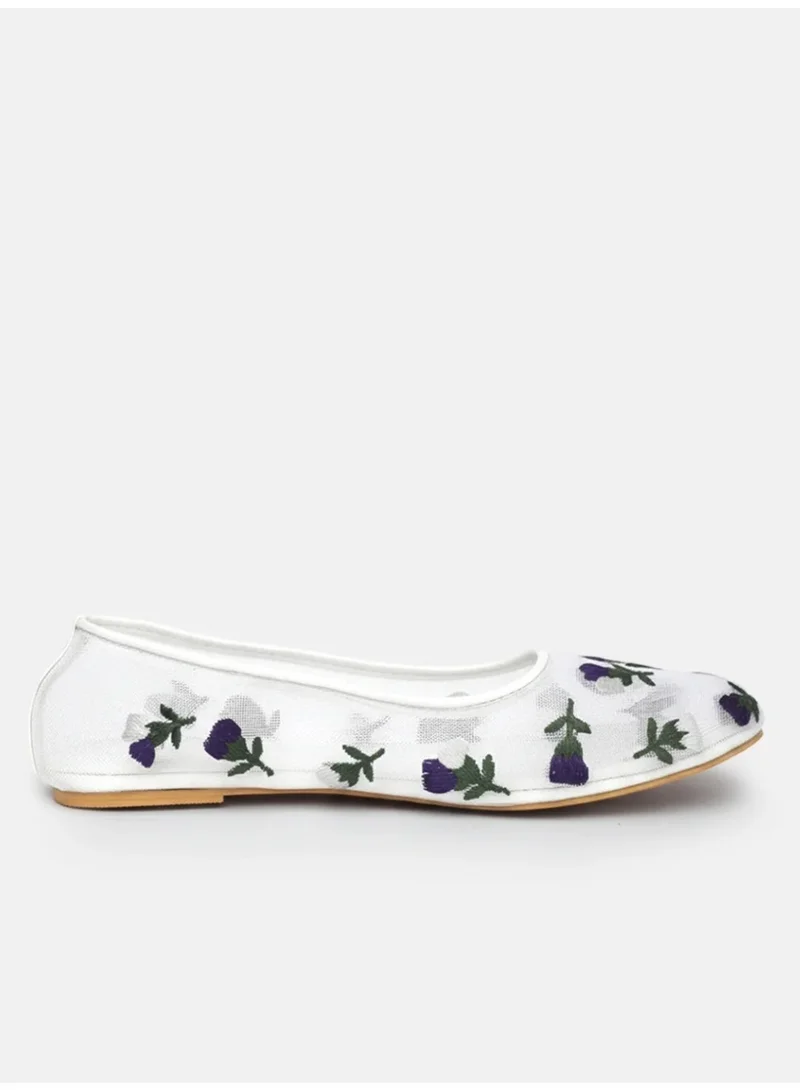 ZORIWORLD Flora White Sheer Mesh Floral Embroidered Ballet Flats For Ethnic, Fusion, Or Modern Outfits