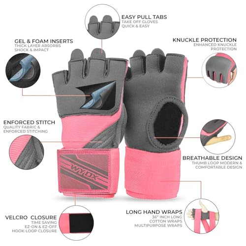 WYOX Gel Boxing Hand Wraps Inner Gloves for Men & Women, 80cm Quick Wrist Straps, Padded Knuckle Protection for Muay Thai Kickboxing, Hand Wraps for Boxing & Martial Arts (Pink & Grey, L/XL) - Image 2