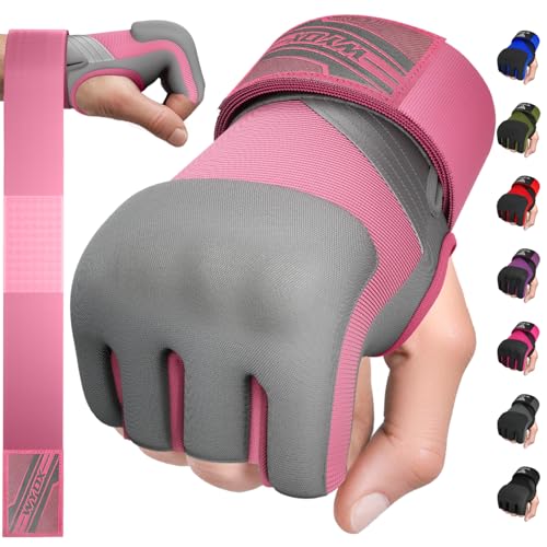 WYOX Gel Boxing Hand Wraps Inner Gloves for Men & Women, 80cm Quick Wrist Straps, Padded Knuckle Protection for Muay Thai Kickboxing, Hand Wraps for Boxing & Martial Arts (Pink & Grey, L/XL) - Image 1