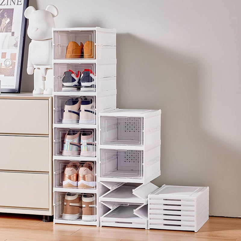 GUDEMAY Drop Front Shoe Storage Box No Assembly Stackable Shoe Organizer Storage Bin with Clear Door Free Standing Shoe Shelf Cabinet with Lid Plastic Shoe Rack for Closet Entryway 6Tier