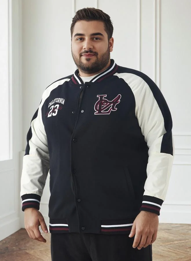 Men Plus Size Regular Fit Button Through Varsity Jacket