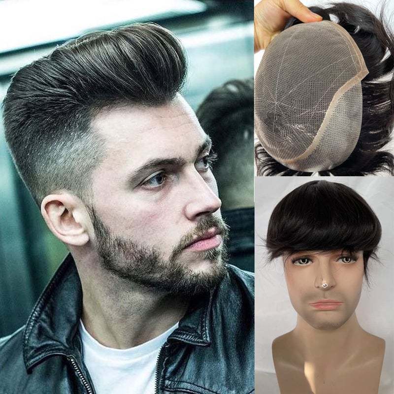 Mens Hairpiece European Human Hair Toupee 10x8inch HD Swiss Lace Super Thin Skin Back Hair Replacement Wig Natural Black Color