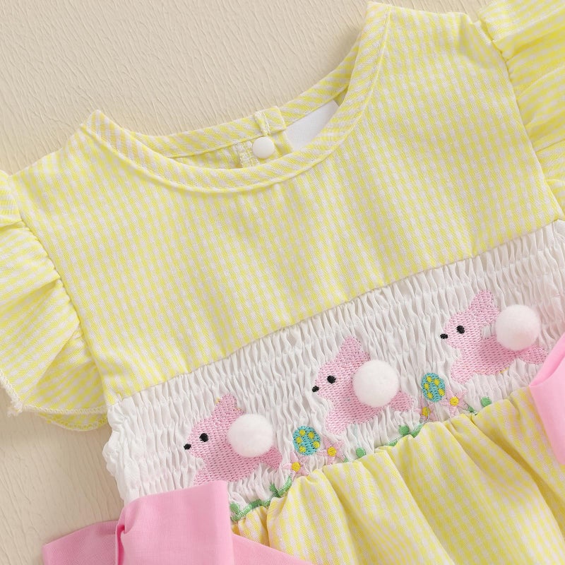 Socutebabe My First Easter Baby Girl Outfit Infant Plaid Bubble Romper Easter Bunny Embroidery Jumpsuit Cute Spring Clothes (a-bunny-Yellow, 6-12 Months) - Image 3