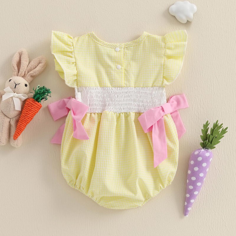 Socutebabe My First Easter Baby Girl Outfit Infant Plaid Bubble Romper Easter Bunny Embroidery Jumpsuit Cute Spring Clothes (a-bunny-Yellow, 6-12 Months) - Image 5