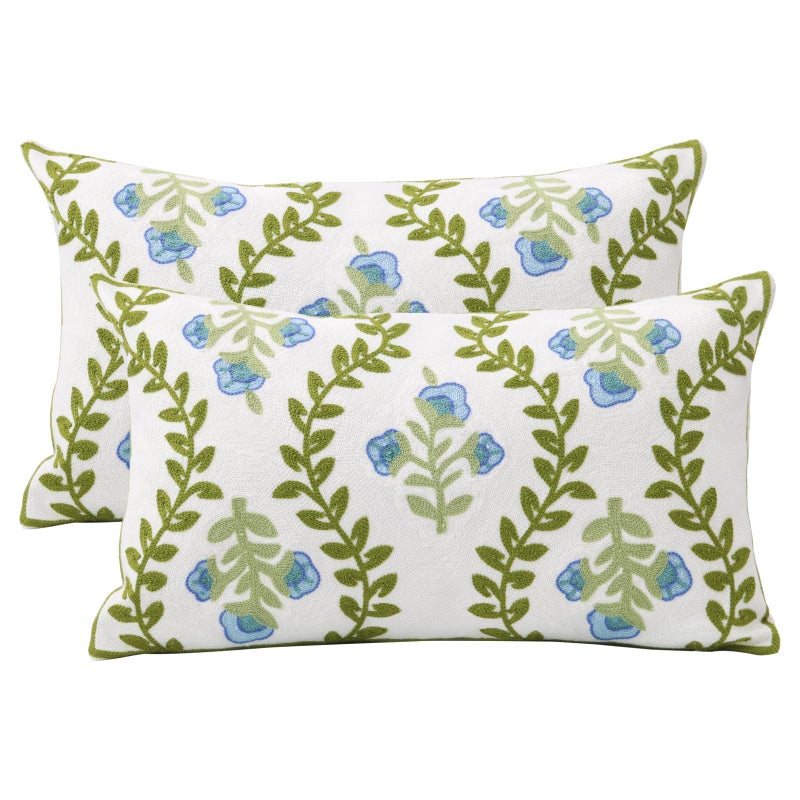 Pilmandu Set of 2 Embroidered Decorative Throw Pillow Covers Couch Square Pillowcases Cushion for Bedroom Sofa Farmhouse Decor 12x20 Inch (Blue Floral-Lumbar) - Image 1