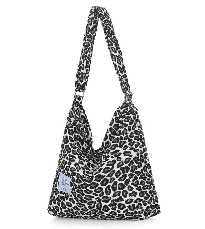 Covelin Women's Retro Large Size Canvas Shoulder Bag Hobo Crossbody Handbag Casual Tote Leopard White - Image 1