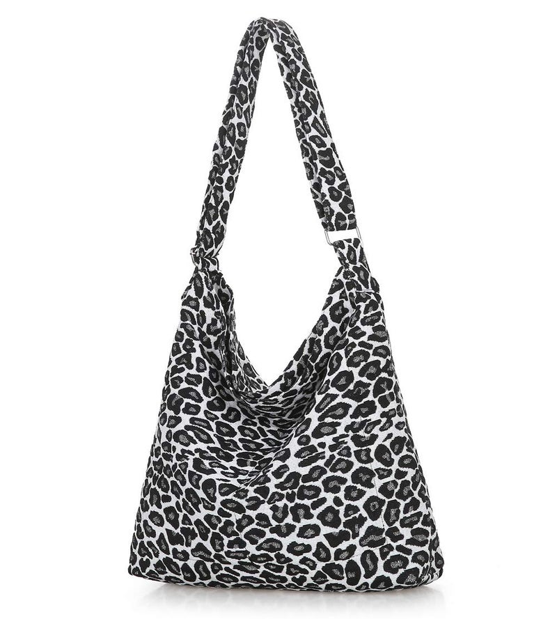 Covelin Women's Retro Large Size Canvas Shoulder Bag Hobo Crossbody Handbag Casual Tote Leopard White - Image 2