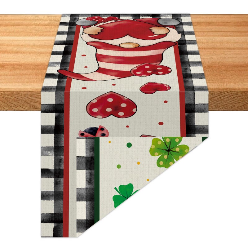 QOUBAI St. Patrick's Day Linen Table Runner Valentine's Day Table Runner Buffalo Plaid Shamrock Heart Tables Decoration for Dinning Kitchen Home Holiday Party Decoration Supplies (13 x 72Inch) - Image 1