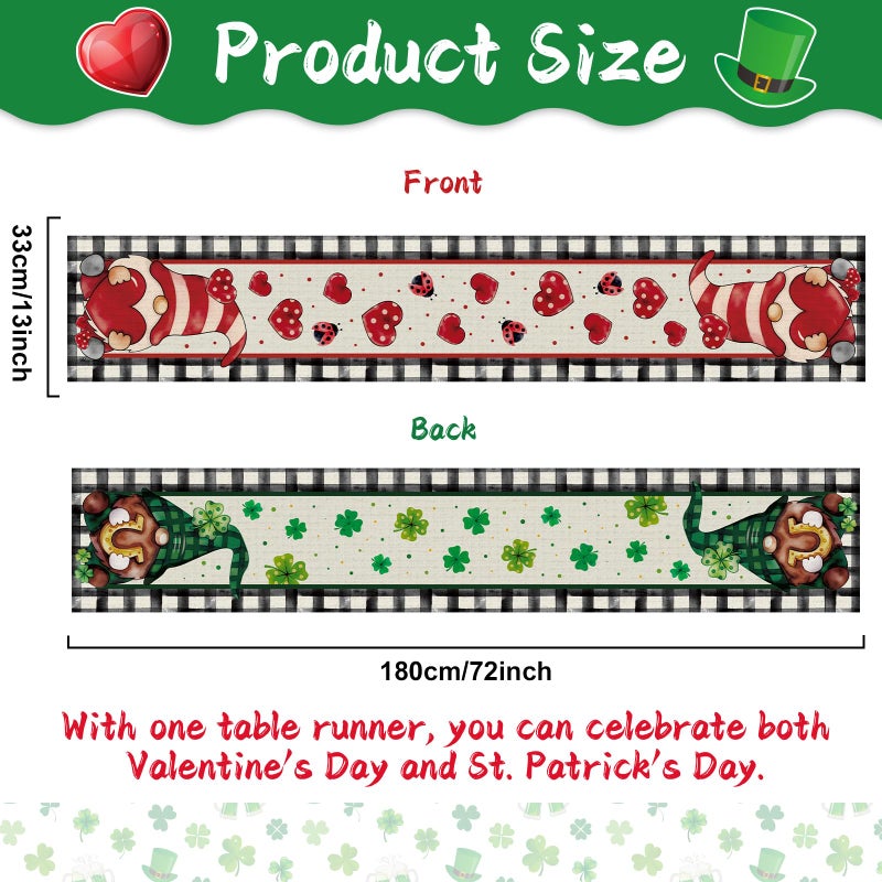 QOUBAI St. Patrick's Day Linen Table Runner Valentine's Day Table Runner Buffalo Plaid Shamrock Heart Tables Decoration for Dinning Kitchen Home Holiday Party Decoration Supplies (13 x 72Inch) - Image 2