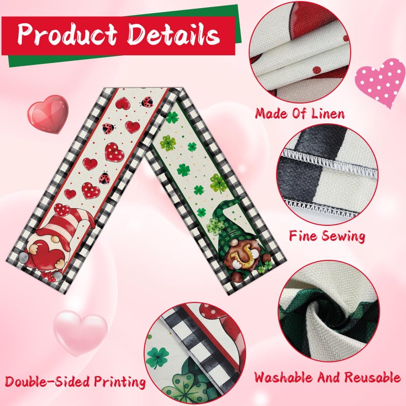 QOUBAI St. Patrick's Day Linen Table Runner Valentine's Day Table Runner Buffalo Plaid Shamrock Heart Tables Decoration for Dinning Kitchen Home Holiday Party Decoration Supplies (13 x 72Inch) - Image 3
