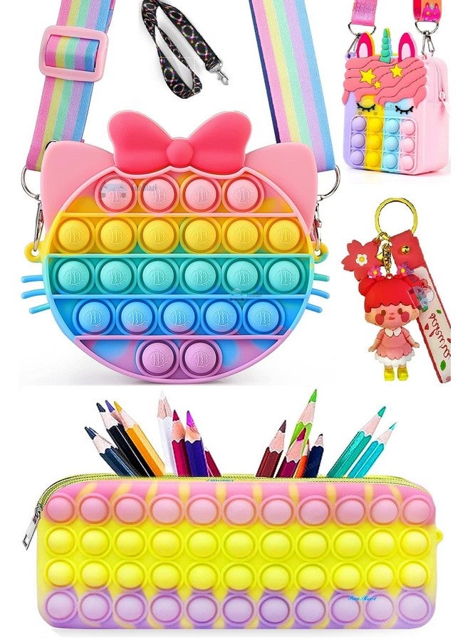 فنبلاست مجموعة FunBlast من حقيبة كتف Pop it مع سلسلة مفاتيح وحقيبة كتف وحقيبة صغيرة للأطفال - حقيبة عملات Pop it ومجموعة منظم أدوات مكتبية / هدايا عيد ميلاد للبنات والأطفال (عبوة من 3 قطع؛ لون عشوائي) - Image 1