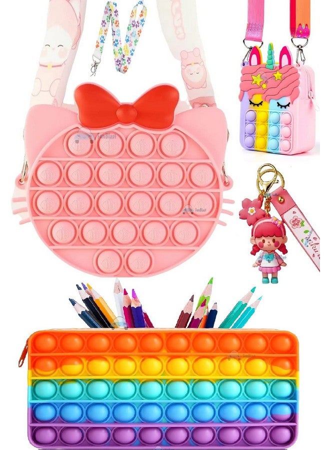 فنبلاست مجموعة FunBlast من حقيبة كتف Pop it مع سلسلة مفاتيح وحقيبة كتف وحقيبة صغيرة للأطفال - حقيبة عملات Pop it ومجموعة منظم أدوات مكتبية / هدايا عيد ميلاد للبنات والأطفال (عبوة من 3 قطع؛ لون عشوائي) - Image 2