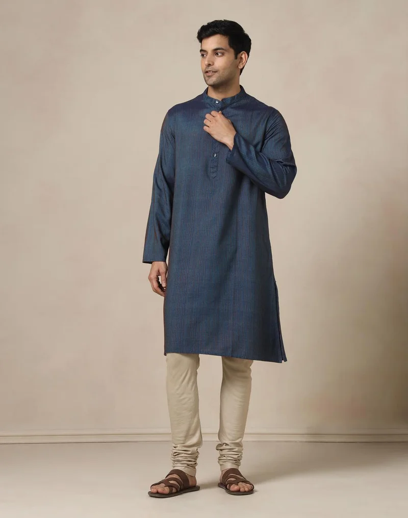 فاب انديا Blue Viscose Blend Dobby Long Kurta