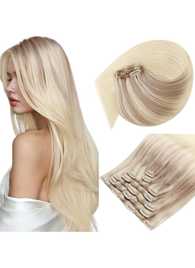 Sunny Hair Clip in Hair Extensions Straight Human Hair Clip in Extensions Remy Clip in Hair Extensions Real Human Hair Extensions Clip ins Strawberry Blonde Mix Light Blonde Roots 18inch  - Image 1