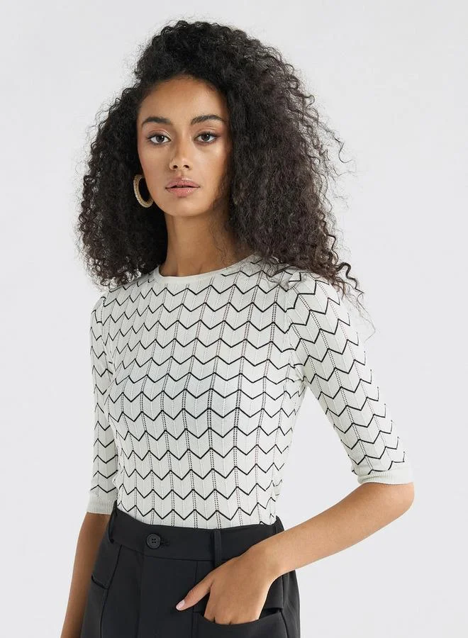 Splash FAV Textured Sweater with Round Neck and 3/4 Sleeves